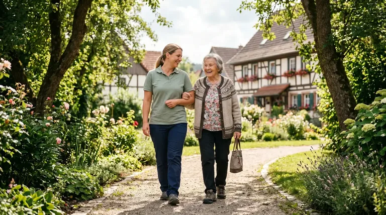 Betreuerin und Seniorin bei einem gemeinsamen Spaziergang