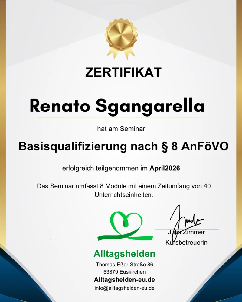 Zertifikat Renato Sgangarella, Basisqualifizierung nach § 8 AnFöVO