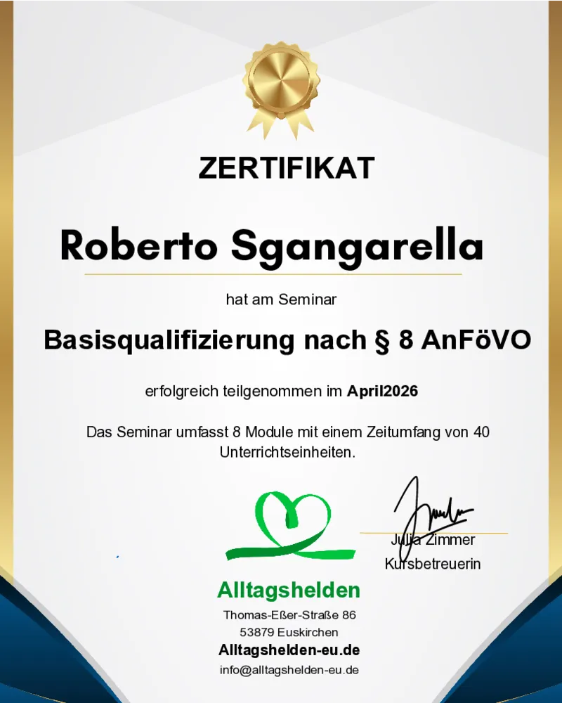 Zertifikat Roberto Sgangarella, Basisqualifizierung nach § 8 AnFöVO